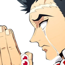 Gyomei Himejima from Demon Slayer with eyes closed and tears streaming down his face while holding his hands together in pra…