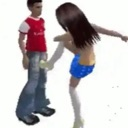 A 3D character in a red shirt stands still while another character in a blue skirt kicks them in the groin.
