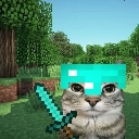 Cat wearing a Minecraft diamond helmet and holding a diamond sword in a blocky forest environment.