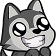 A gray wolf cub with a wide, toothy grin and large, sparkling eyes.