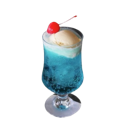 Blue cream soda float in a glass topped with vanilla ice cream and a cherry.