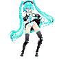 Hatsune Miku performing the Orange Justice dance move in a pixel art style.