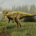 Pachycephalosaurus stands in a grassy field with its thick, domed skull prominent.