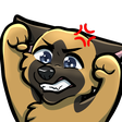 A brown puppy with a black muzzle looking furious with clenched fists and a red anger symbol above its head.