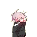 A boy with pink hair covering his face with his hands while blushing.