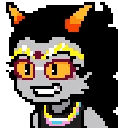 Feferi Peixes with orange horns and yellow glasses laughing with a mischievous expression.