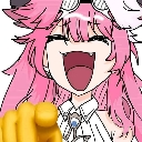 Raora Panthera with pink hair laughing hysterically while pointing her finger forward.