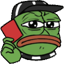 Pepe the frog wearing a referee hat and holding up a red card with a stern expression.