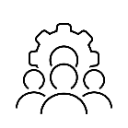 Three stylized human figures positioned below a mechanical gear icon.