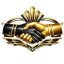 Handshake between a black-gloved hand and a gold-gloved hand surrounded by golden filigree.