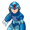 Mega Man X looking forward with a serious expression in a blue armor suit.