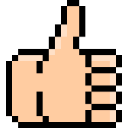 Hand with thumb pointing upward in a retro pixel art style.