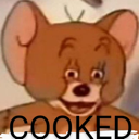Jerry Mouse with wide, panicked eyes and a distorted face, captioned with the word COOKED.