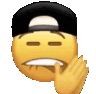 Smiley face wearing a black baseball cap biting its lip with a hand raised to its face.