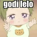 Baby with green hair and a tiger shirt reaching out with a sad, pleading expression and text reading godi lelo.