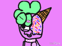 An ice cream character with a sprinkle-covered face and waffle cone hat looking skeptical and annoyed.