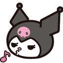 Kuromi with a smug expression whistling with a musical note floating nearby.