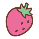 Strawberry with a pink body and green leaves rendered in a simple flat style.