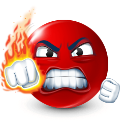 Red emoji face with an angry expression and clenched fist surrounded by flames.