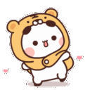 A cute white bear character wearing a yellow bear hood dancing happily with small pink hearts floating around.