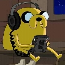 Jake the Dog wearing black headphones and looking down at a handheld device.