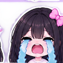 Anime girl with a pink bow crying loudly with large blue tears streaming down her face.