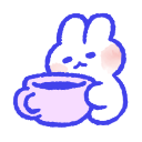 A cute white bunny holding a pink coffee cup with a calm expression.