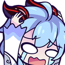 Ganyu from Genshin Impact with blue hair and red horns looking panicked with her hands on her head.