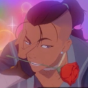 Anime character with a smug expression holding a red rose in their teeth.