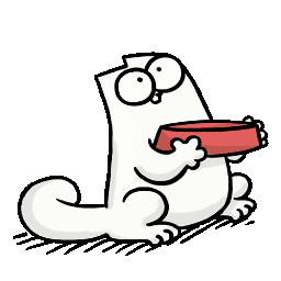 A white cartoon cat holding a red bowl with wide, expectant eyes.