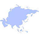 Asia continent silhouette rendered in a simple blue pixel art style against a black background.
