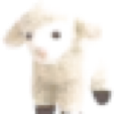 A small, fluffy white lamb standing and looking forward with a simple, cute expression.
