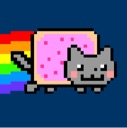 Nyan Cat flying through space leaving a rainbow trail behind it.