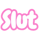 The word Slut written in white bubble letters with a thick pink outline against a black background.