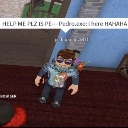 Roblox avatar standing with a speech bubble that says help me.
