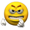Yellow smiley face with a furious expression and clenched fists ready to fight.
