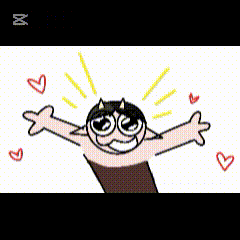 A cute demon character with horns vibrating while reaching out with open arms surrounded by floating hearts.