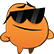 Orange blob character wearing black sunglasses and a tan baseball cap with a smug smile.