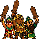 Three diverse warriors standing side by side holding wooden swords up in the air in a triumphant pose.