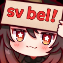 Hu Tao from Genshin Impact with a smug expression holding a sign that says sv bel.