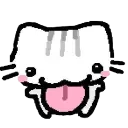A white pixelated kitten with gray stripes sticking its tongue out in a playful expression.