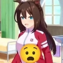 Anime girl looking shocked with a large yellow surprised emoji covering her chest.