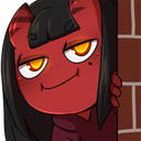 A red demon character with glowing yellow eyes and a smug expression peeking from behind a brick wall.