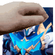 A hand repeatedly petting the head of a blue armored character.