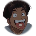 Anime boy with wide eyes and a big grin sticking his tongue out.