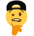 A yellow smiley face wearing a black baseball cap and a goatee, holding its chin in a smug, thinking pose.
