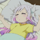 Kanna Kamui with purple hair sleeping peacefully on a pillow.