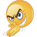 Yellow smiley face with a sinister grin and steepled fingers.