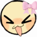 A round yellow face with closed eyes, a tongue sticking out, and a pink bow on top.