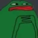 Pepe the Frog with narrow eyes and hands held together in a plotting gesture.